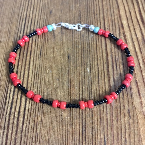 Men's Beach Boho Bracelet,  Black and Red,  Silver Tone,  Men's Bracelet - Picture 1 of 5